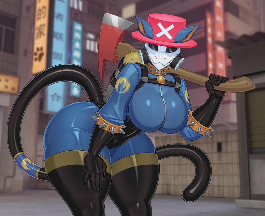 anthro ass bent_over big_breasts big_butt breasts caracal clothed collar csarphong feline fempyro flopyro hat humanoid latex_suit looking_at_viewer pyro_(team_fortress_2) skull_head spiked_collar team_fortress_2