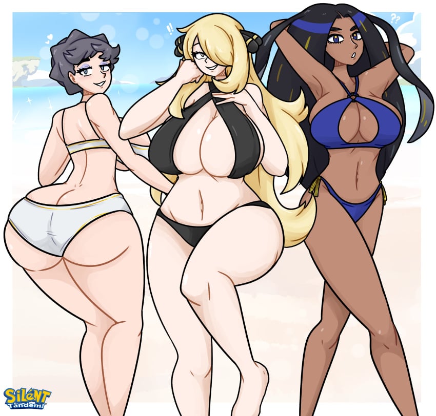 barefoot big_ass big_breasts black_bikini black_hair blonde_hair champion cynthia_(pokemon) dark_skin diantha_(pokemon) eye_makeup geeta_(pokemon) grey_eyes grey_hair long_hair long_legs looking_at_viewer looking_back pokemon pokemon_champion pokemon_dppt pokemon_sv pokemon_xy silenttandem smile tall_female white_bikini