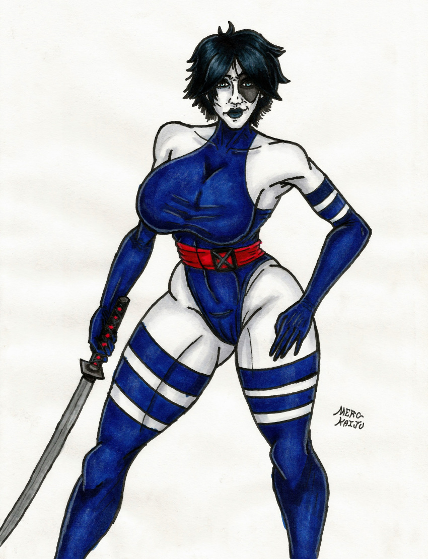 1girls ass belt big_breasts black_hair black_lips blue_eyes boots breasts clothed clothing clothing_swap curvy curvy_female curvy_hips dark_hair domino_(marvel) female female_only holding_sword holding_weapon human katana large_ass large_breasts legs leotard lipstick long_gloves looking_at_viewer marvel marvel_comics merc_kaiju mutant neena_thurman outfit_swap psylocke_(cosplay) self_upload short_hair smirk smirking solo solo_female sword thigh_high_boots thighs tight_clothes tight_clothing traditional_art traditional_drawing_(artwork) traditional_media traditional_media_(artwork) weapon white_background white_skin wide_hips x-force x-men