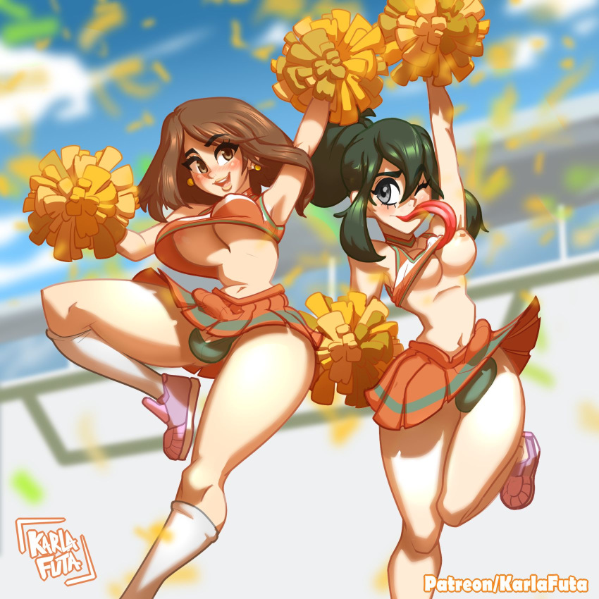 2futas balls_in_panties bimbo bulge cheerleader cheerleader_uniform cleavage clothing dickgirl futa_only futa_with_futa futanari futanari_cheerleader intersex k.ink_ink long_tongue my_hero_academia ochako_uraraka panties penis_under_skirt pom_poms skirt teenager tsuyu_asui u.a._cheerleader_outfit underboob wink