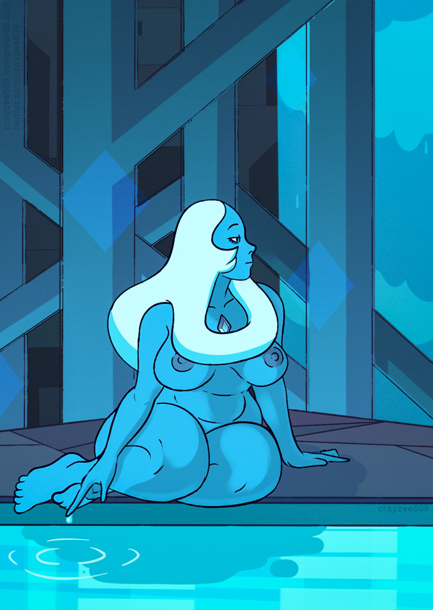 areolae big_breasts blue_diamond_(steven_universe) blue_eyes blue_hair blue_skin breasts crayzee609 diamond_(gem) gem_(species) giantess looking_to_the_side nipples pool sitting steven_universe water waterfall watermark white_hair