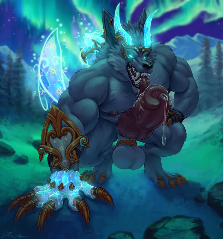 1boy animal_genitalia animal_penis anthro balls big_balls big_penis danza genital_fluids huge_cock league_of_legends male male_only muscular_anthro penis precum precum_drip riot_games warwick werecanid werecanine werewolf