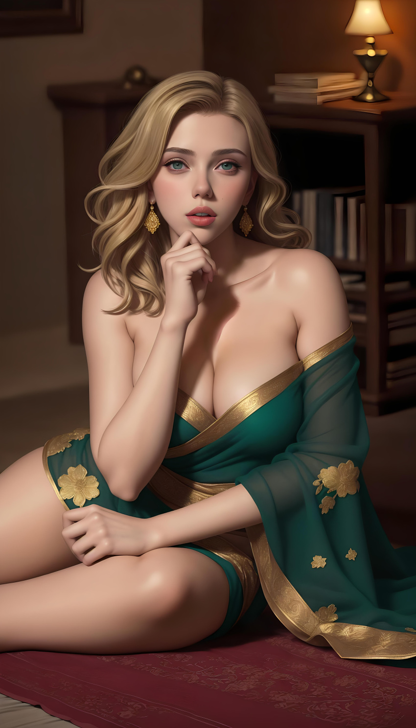 1female 1girl 1girls 1woman actor ai_generated artistic black_widow_(marvel) blonde blonde_female blonde_hair blonde_hair_female breasts celebrity cleavage clothed clothed_female female female_focus female_only green_eyes green_eyes_female hi_res high_resolution highres indian indian_clothes indian_style marvel no_bra non_nude saree scarlett_johansson