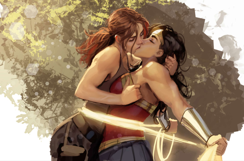 2girls black_hair bound_together brown_hair closed_eyes costume crossover dark_hair dc_comics diana_prince female female_only hand_in_hair kissing lara_croft lara_croft_(survivor) lasso_of_truth lesbian light-skinned_female light_skin long_hair medium_breasts muscular_female ponytail sleeveless_shirt stjepan_sejic tank_top tied_together tomb_raider tomb_raider_(survivor) toned wonder_woman wonder_woman_(series) yuri