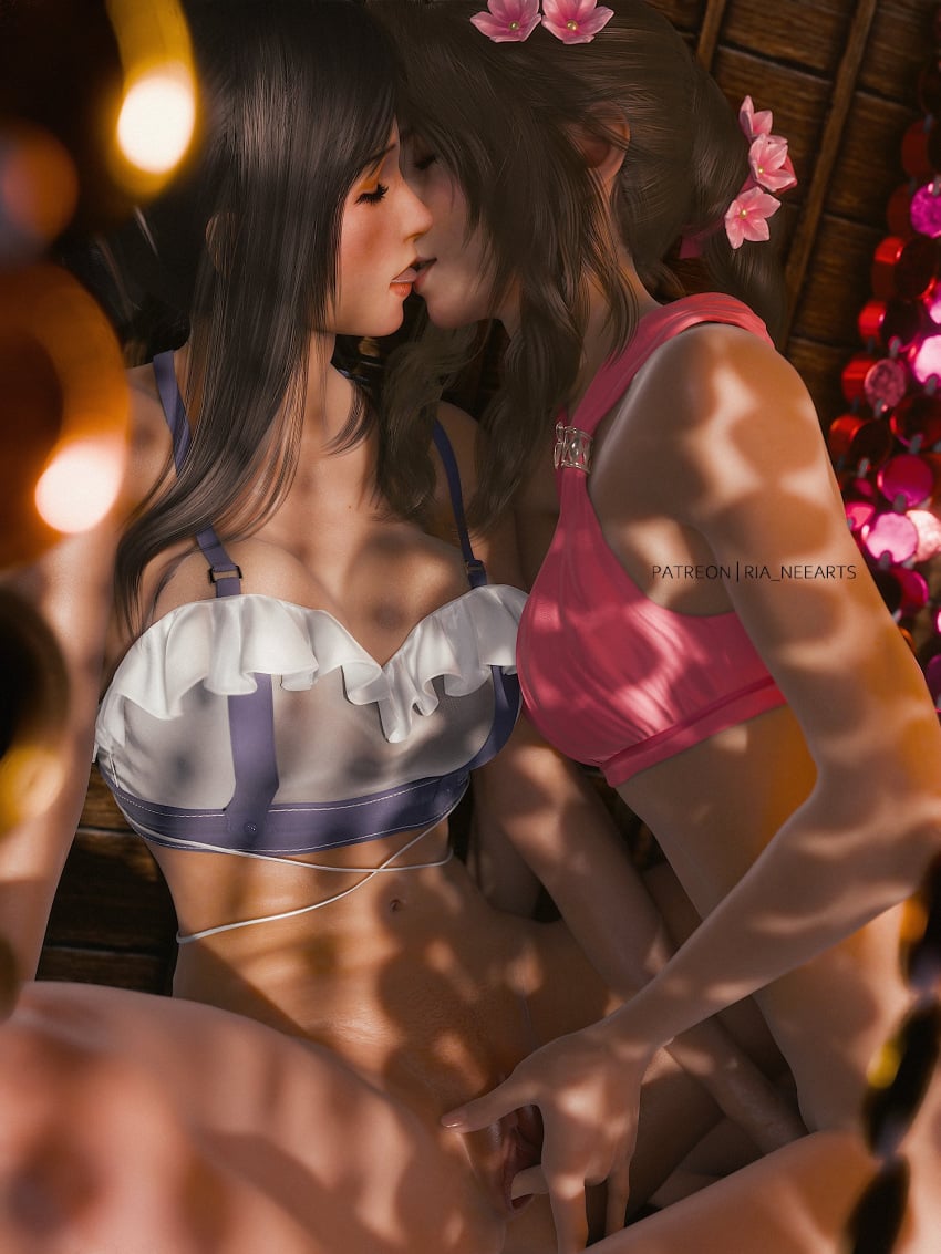 2girls 3d aerith_gainsborough aerith_gainsborough_(pink_mermaid) bikini bikini_top_only black_hair bottomless breasts brown_hair closed_eyes dappled_sunlight final_fantasy final_fantasy_vii final_fantasy_vii_rebirth final_fantasy_vii_remake fingering flower french_kiss hair_flower hair_ornament highres kissing large_breasts medium_breasts multiple_girls official_alternate_costume official_alternate_hairstyle pink_bikini pussy ria-neearts ria_(baka-neearts) small_breasts sunlight swimsuit tifa_lockhart tifa_lockhart_(shining_spirit) tongue white_bikini yuri