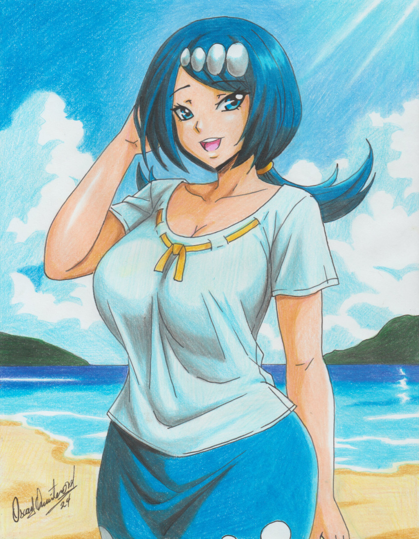 1girls 2024 beach big_breasts blue_eyes blue_hair lana's_mother_(pokemon) milf pencil_(artwork) pokemon pokemon_sm ravern_clouk solo solo_female tagme