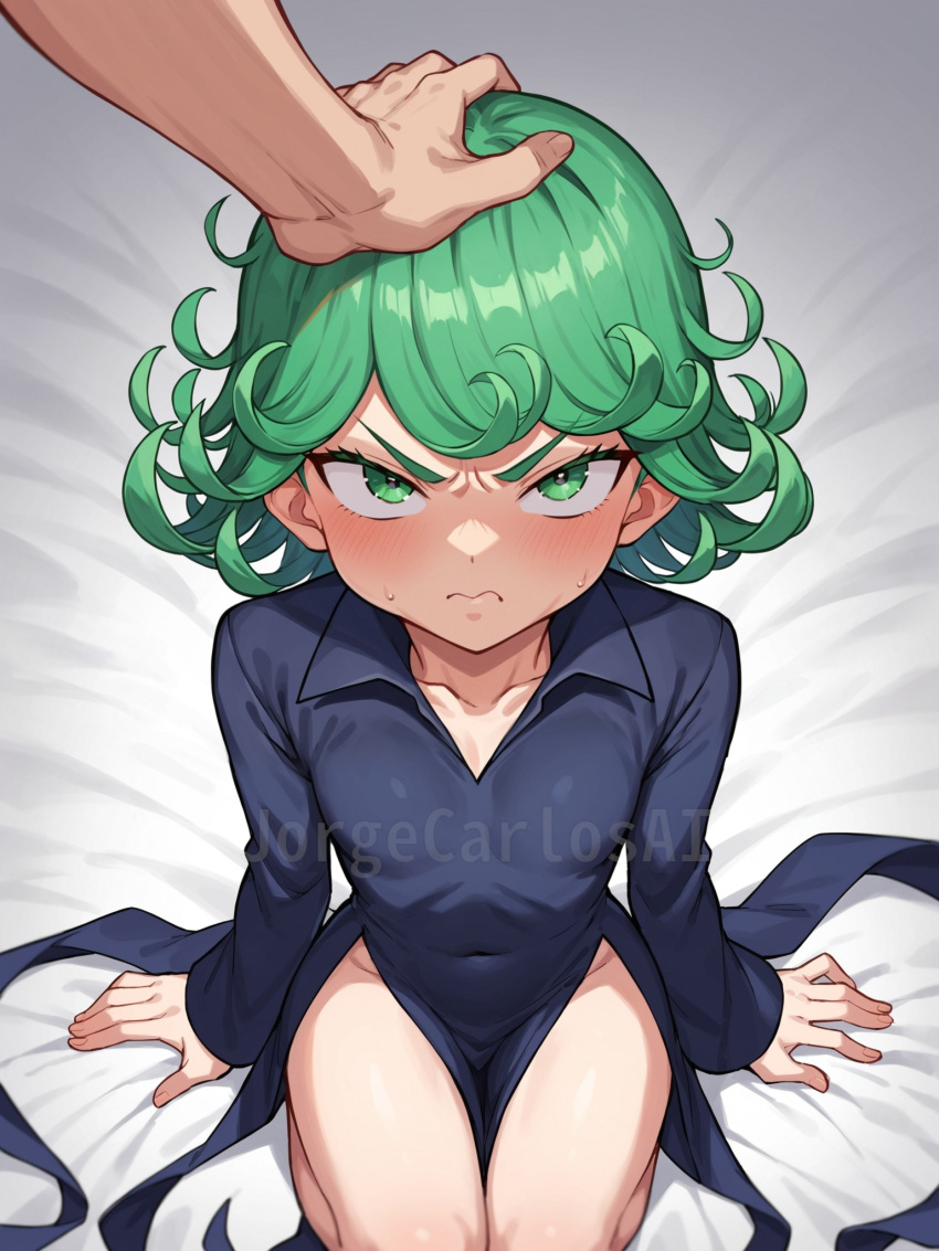 1girls ai_generated angry angry_expression angry_face bare_legs bed bedroom dress dress_only green_eyes green_hair head_pat headpat jorgecarlosai legs nude_underneath one-punch_man patting patting_head sitting tagme tatsumaki thighs