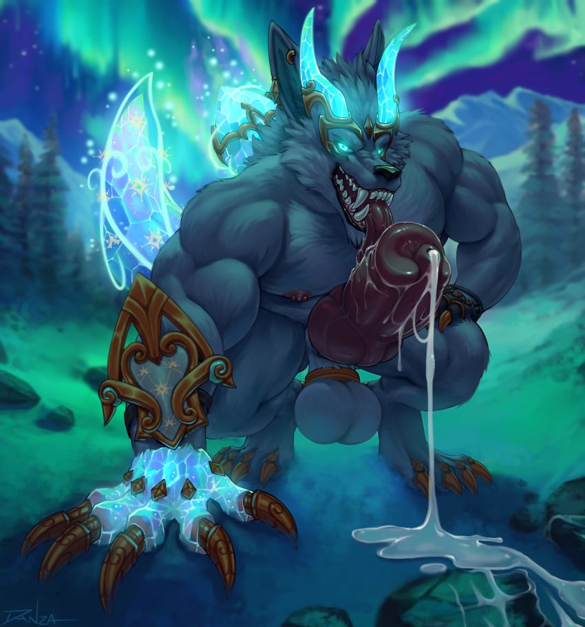 1boy animal_genitalia animal_penis anthro balls big_balls big_penis cum cum_drip cum_dripping_from_penis danza genital_fluids huge_cock league_of_legends male male_only muscular_anthro penis riot_games warwick werecanid werecanine werewolf