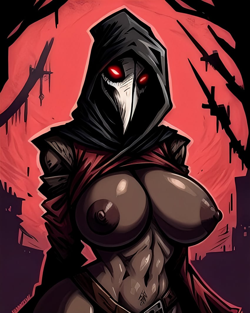 1girls ai_generated areolae beak_mask belt big_areola big_breasts brown_belt brown_body brown_nipples brown_skin cel_shading cel_shading_(retro) cowl darkest_dungeon evil_eyes female front_view glowing_eyes gothic gothic_artstyle gurman hips hood_up hourglass_figure medieval medieval_clothing navel navel_line nipples oblique_edge obliques outline pink_outline red_clothing red_eyes red_theme skull_head skull_mask solo upper_body vertical_navel wide_hips