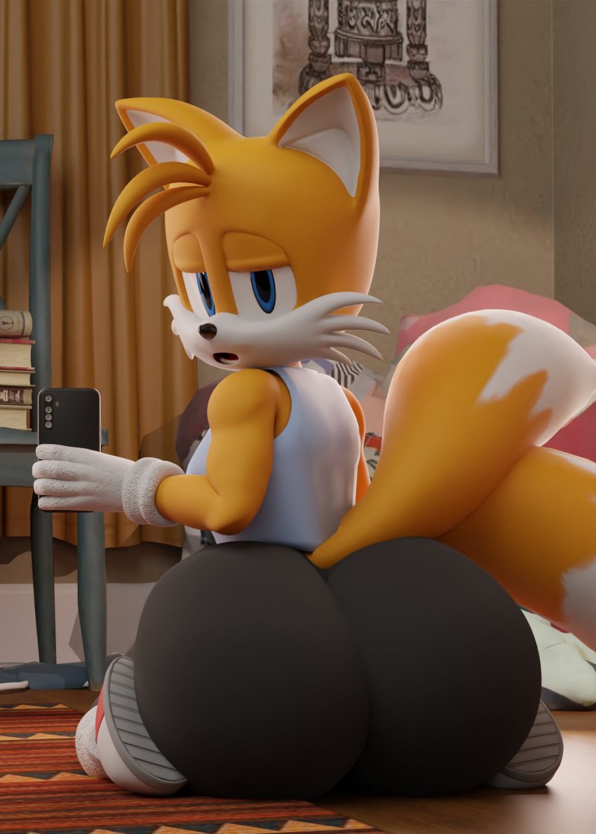 1boy 1femboy 1male 3d anthro ass ass_focus bedroom_eyes big_ass big_butt bubble_ass bubble_butt butt_focus femboy feminine_tails fox furry huge_ass huge_butt looking_at_viewer looking_back on_knees phone sega solo solo_male sonic_(series) sonic_the_hedgehog_(series) tails tails_the_fox uncle_aiden yoga_pants