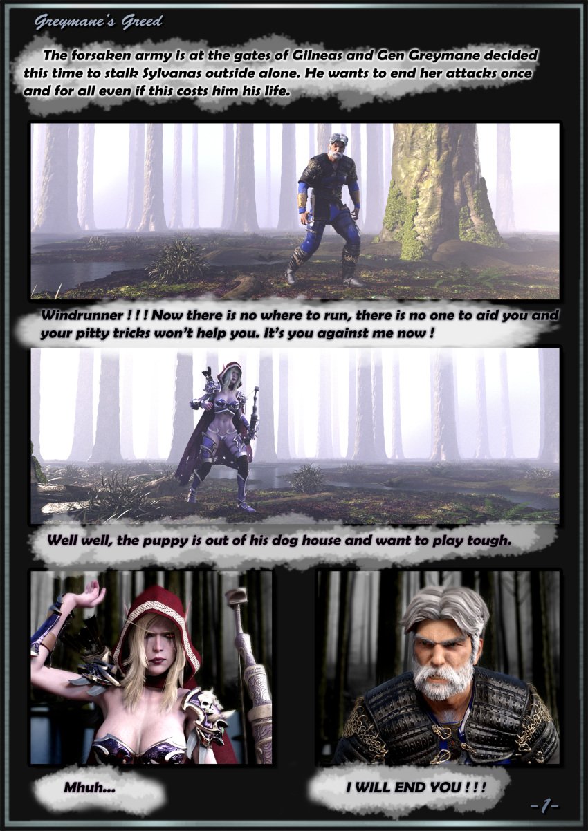 1boy 1girls 3d blizzard_entertainment comic comic_page darken_den dialogue english_text fight forsaken genn_greymane human human_(world_of_warcraft) page_1 page_number sylvanas_windrunner undead undead_(warcraft) warcraft world_of_warcraft