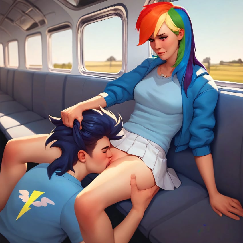 ai_generated cunnilingus exposed exposed_pussy hair_grab humanized my_little_pony oral rainbow_dash_(mlp) seat soarin_(mlp) train vagina