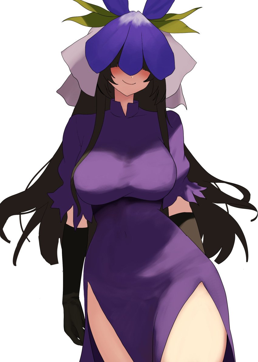 1girls 2d big_breasts black_hair blush breasts clothed clothed_female dress facing_viewer female gloves hips long_dress long_hair moriforest1040 obscured_eyes obscured_face smile solo source standing thick_thighs thighs touhou white_background wide_hips yomotsu_hisami