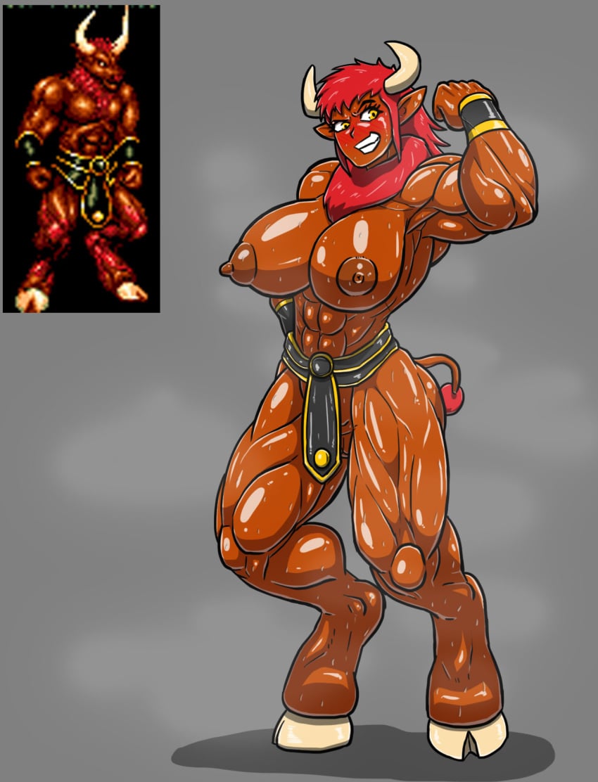 1boy allesey dark-skinned_female female_minotaur hooves horns huge_breasts male minotaur minotaur_female muscular_female mutant_fighter rule_63