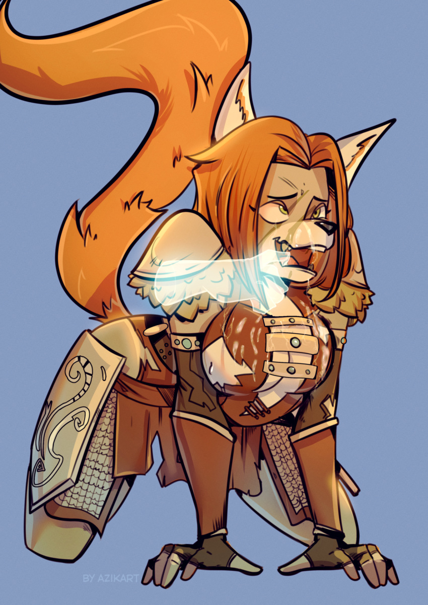ahe_gao all_fours anthro armor azik big_breasts bodily_fluids breasts canid canine clothing cum cum_on_breasts cum_on_face duo female front_view gauntlets genital_fluids ginger_tail gloves grey_eyes hair handwear hi_res looking_pleasured mammal open_mouth orange_hair red_tongue saliva saliva_on_tongue short_hair shoulder_pads solo tail tan_body tan_skin teeth tongue tongue_out