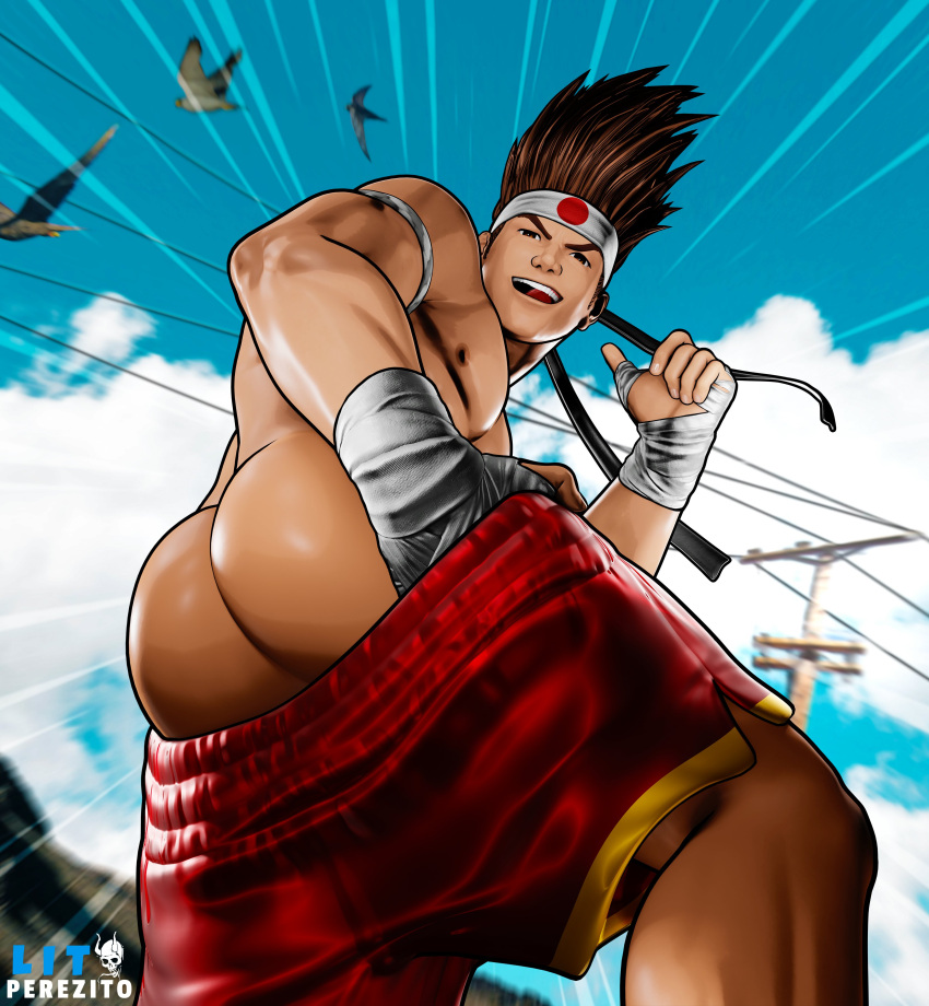 1boy 3d 3d_(artwork) 3d_model brown_hair daemoncollection day daytime fighter japanese joe_higashi king_of_fighters lean_muscle male male_focus male_only martial_artist mooning outdoor_nudity outdoors public public_exposure snk solo solo_focus solo_male yaoi