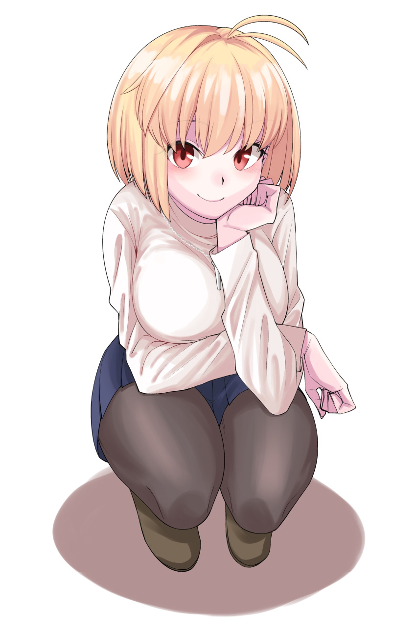 :d ahoge arcueid_brunestud big_breasts black_pantyhose blonde_hair boots breasts female huge_breasts large_breasts long_sleeves looking_at_viewer medium_breasts pantyhose plump red_eyes sasaki33916 short_hair skirt smile solo sweater thick thick_thighs top_heavy tsukihime tsukihime_(remake) turtleneck wide