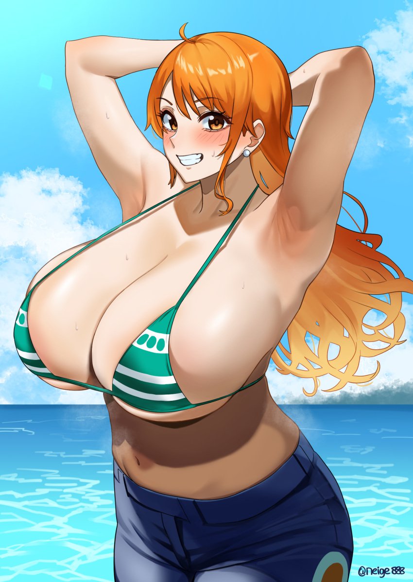 armpits big_breasts bikini bikini_top female female_only green_bikini jeans long_hair nami nami_(one_piece) neige_(pixiv6850453) one_piece orange_hair post-timeskip sea smile striped_bikini