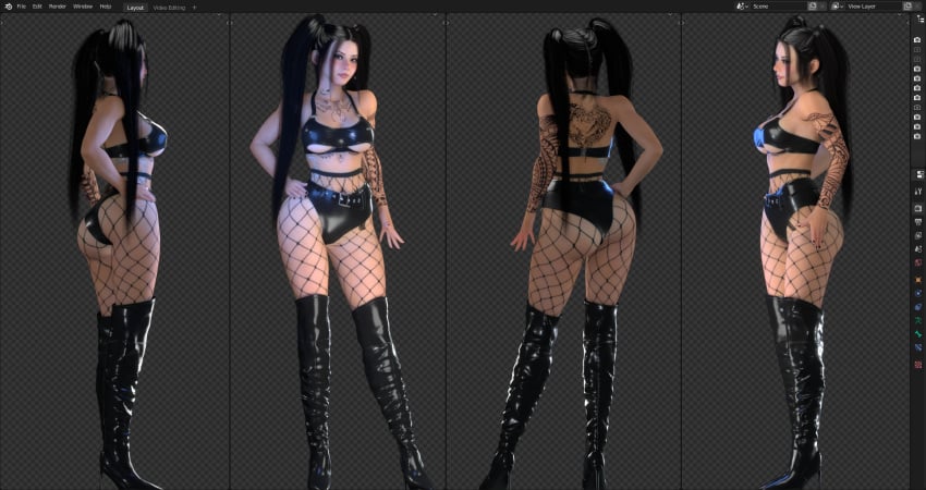 3d bella_poarch black_hair blender boots bra fishnet_legwear fishnets goth high_heel_boots kinkycat3d kinkykatt3d light-skinned_female multiple_angles panties tattoos wip