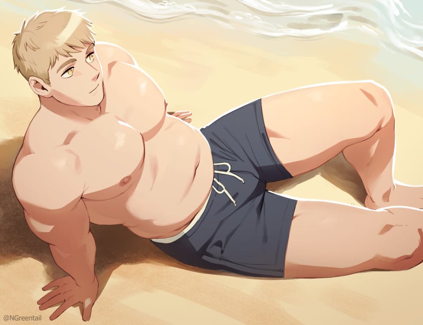 1boy bara bara_tits beach belly black_male_swimwear blonde_hair brown_eyes closed_mouth dungeon_meshi from_above hi_res himbo laios_touden large_pectorals male male_focus male_only male_swimwear manboobs muscular muscular_male navel ngreentail nipples pectorals plump short_hair sitting smooth_skin solo thighs topless_male twitter_username