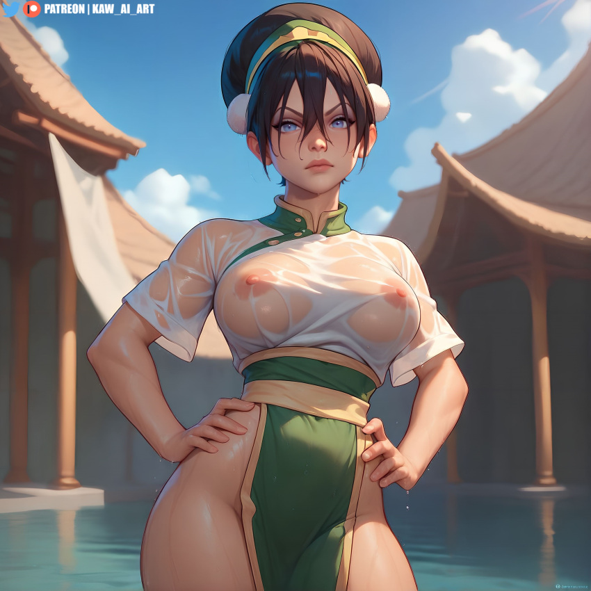 1girls ai_generated avatar_legends avatar_the_last_airbender black_hair breasts earth_kingdom female kawaiart see-through_clothing solo_female solo_focus toph_bei_fong wet_clothes