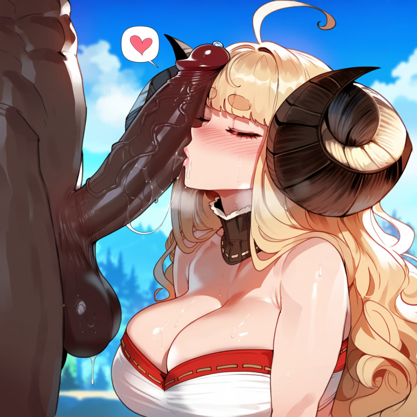 1boy 1girls ai_generated anila_(granblue_fantasy) artstyle_imitation blonde_hair breasts dark-skinned_male dark_skin female floox granblue_fantasy high_resolution horns huge_breasts huge_cock interracial large_breasts light-skinned_female light_skin long_hair male naughty_face penis stable_diffusion thiccwithaq_(ai_style) thick_thighs uncensored wide_hips