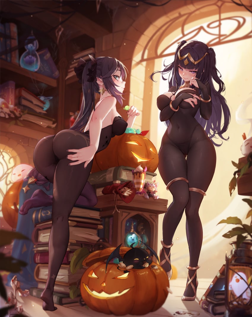 2girls ass bat_(animal) bent_over black_hair black_nails blunt_bangs bodystocking boo_tao_(genshin_impact) book book_stack bookshelf bracelet breasts bridal_gauntlets candy covered_navel female female_only fire_emblem fire_emblem_awakening food genshin_impact green_eyes halloween hat high_heels jewelry large_ass large_breasts leg_up leotard long_hair looking_at_viewer looking_back medium_breasts mitsu_(mitsu_art) mitsu_art mona_(genshin_impact) multiple_girls nail_polish nintendo pantyhose presenting presenting_ass presenting_hindquarters pumpkin purple_eyes smile spread_ass tharja_(fire_emblem) twintails two_side_up very_long_hair witch