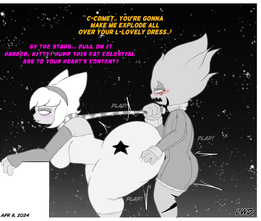 alien anal_sex bedroom_eyes bent_over big_ass big_breasts big_butt blush bottom_heavy celestial_being clothed_sex dialogue dirty_talk dress dry_humping fat_ass hand_on_ass hand_on_butt huge_ass huge_butt humping imminent_orgasm lwd_cartoonz male/female neil_lash original_character scarf sex_through_clothes side_view sketch spiky_hair striped_body