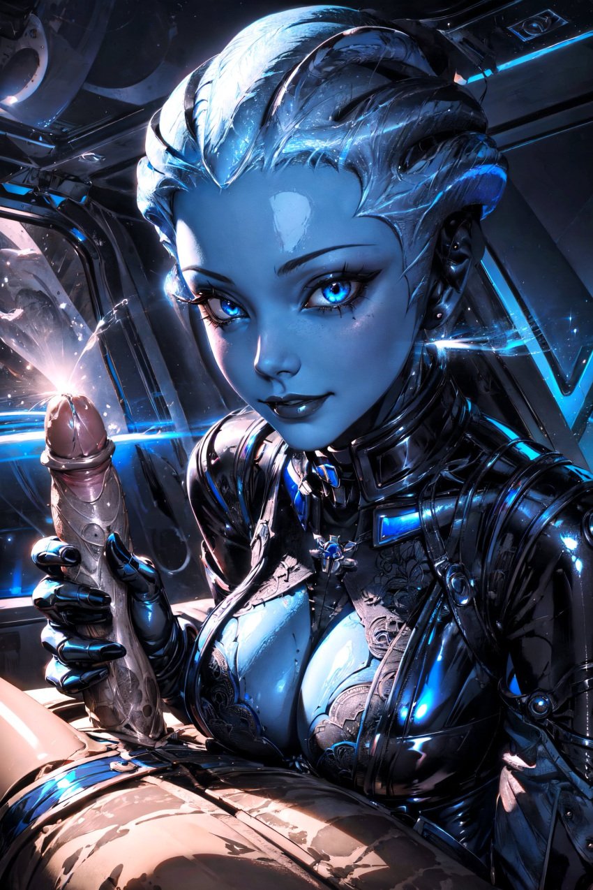 1boy 1girls 5_fingers ai_generated blue_eyes blue_skin faceless_male handjob looking_at_viewer mass_effect sarella