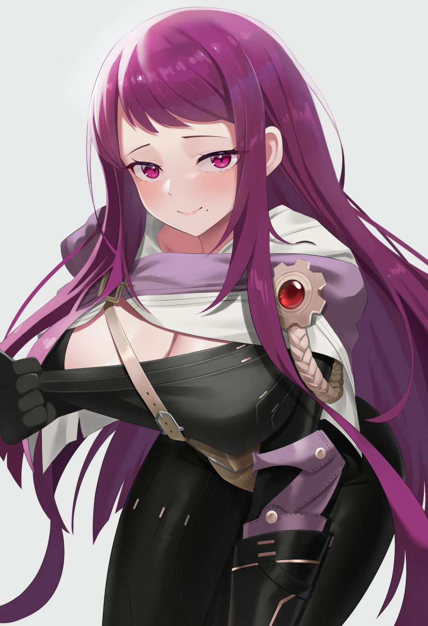 1girls absurdres alternate_costume black_gloves black_pants breasts cleavage commentary commission cosplay female female female_only fire_emblem fire_emblem_engage gloves grey_background highres ivy_(fire_emblem) large_breasts leggings long_hair nintendo pants purple_eyes purple_hair reginn_(fire_emblem) reginn_(fire_emblem)_(cosplay) simple_background solo teasing very_long_hair ziz_(pandora707)