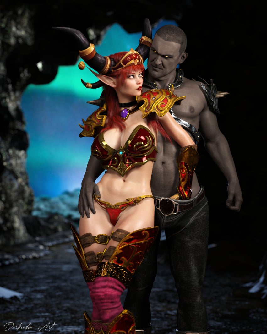 1boy 1girls 3d alexstrasza athletic_female big_breasts blizzard_entertainment dark-skinned_male dark_skin darken_den dragon implied_handjob interracial light-skinned_female light_skin milf red_hair thick_thighs warcraft wide_hips world_of_warcraft