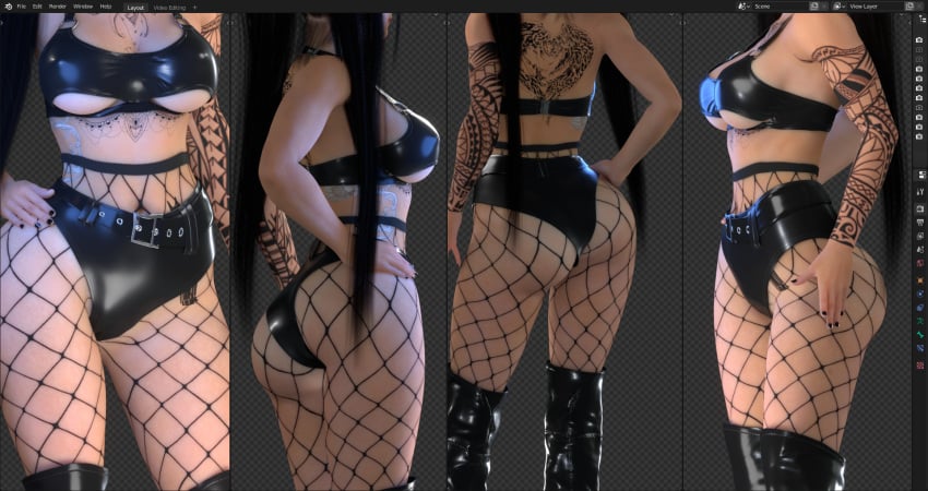 1girls 3d bella_poarch black_hair blender bra fishnet_legwear fishnets goth kinkycat3d kinkykatt3d light-skinned_female multiple_angles panties tattoos wip