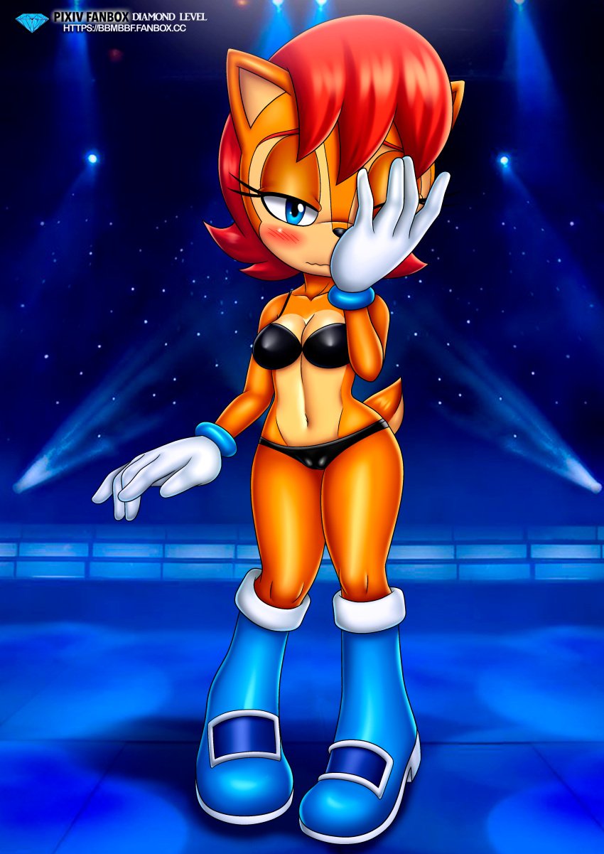 bbmbbf bikini blush boots bracelet bracelets brown_fur cameltoe cleavage covering_face diamond_level female furry furry_female gloves mobius_unleashed nervous palcomix red_hair sally_acorn sega shy sonic_the_hedgehog_(archie) sonic_the_hedgehog_(comics) stage stage_lights