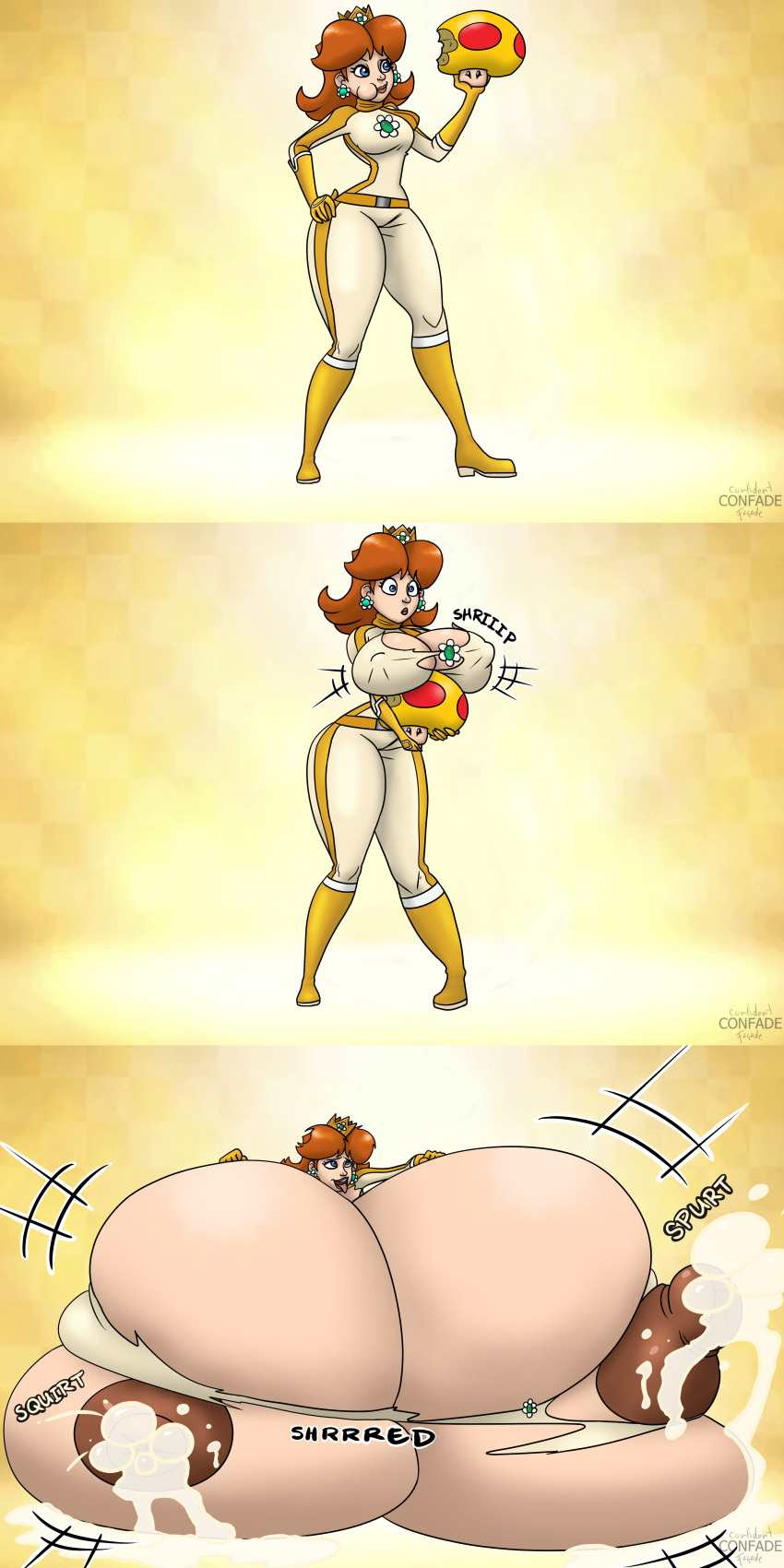 1girls big_ass breast_expansion breasts_bigger_than_body breasts_bigger_than_head breasts_bigger_than_torso breasts_on_floor colossal_breasts confade confidentfacade growth hyper hyper_breasts immobile lactation lying_on_breasts lying_on_self mario_(series) mario_kart meat_wall_(body_type) mega_mushroom multiple_images princess_daisy solo_female tagme too_big_to_move