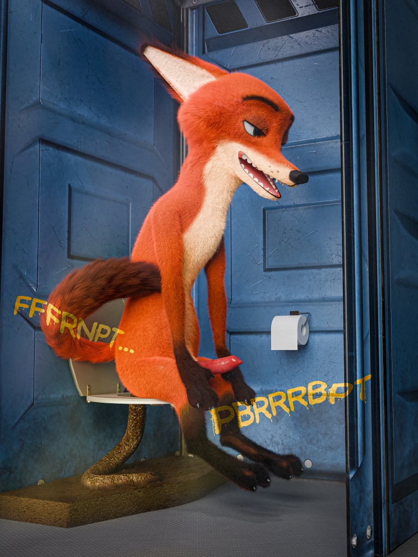 3d_(artwork) absurd_res anthro blender_(software) blender_cycles brown_body brown_eyebrows brown_fur canid canine digital_media_(artwork) digitigrade disney eyebrows fart fart_fetish feces feces_pile fox fur genitals green_eyes hands_on_knees hands_on_legs hi_res kenresek knot looking_pleasured male male_focus male_only mammal nick_wilde orange_body orange_fur penis poop portapotty raised_tail red_penis scat sitting_on_toilet solo tagme tail toilet_paper toilet_use translucent zootopia