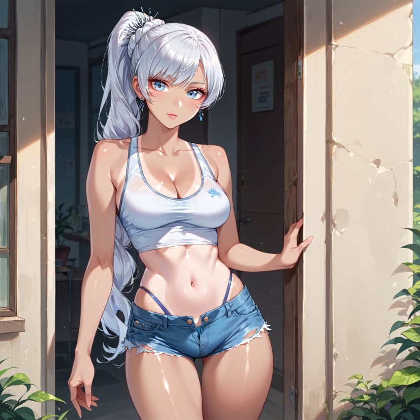 ai_generated japaia looking_at_viewer panties rwby shorts tagme tan_body tanline tight_clothing weiss_schnee white_hair