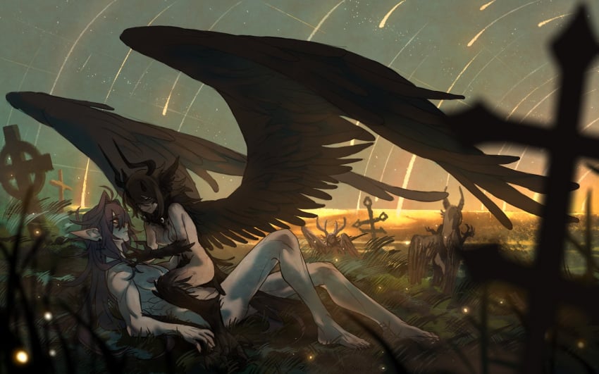 1boy 1girls 2girls areolae barefoot bending_forward bird_legs black_claws black_crown black_feet black_hair black_hands black_legs black_skin black_veins black_wings breasts bright brown_hair claws closed_eyes closed_mouth cross crying cursed digital_media_(artwork) dorin_(ohiko1) eldritch_horror elf_ears etzel_mormorion_(ohiko1) facing_another feathered_arms feathered_legs feathered_wings feathers female female_monster firefly foreground_silhouette glistening grass grave gravestone graveyard grey_skin harpy holding_down horn horned_humanoid horns large_wings laying_down laying_on_back leaning_forward long_hair long_hair_male long_horn long_horns mascara mascara_tears medium_breasts medium_hair midriff nipples no_sex no_visible_genitalia nude ocean ohiko1 original_character original_characters pale_skin pecs pink_nipples pubic_hair purple_hair red_eyes ribs shooting_star shoulders sitting sitting_on_belly sitting_on_person small_horns statue sunrise tears thighs very_long_hair wing_ears wings