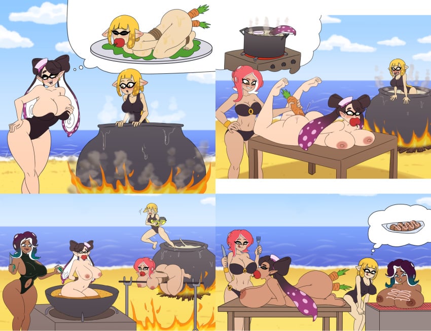 4girls agent_4_(splatoon) agent_8_(splatoon) apple_in_mouth bikini breasts callie_(splatoon) cannibalism carrot_in_ass carrot_in_pussy cooking cooking_vore fufan gynophagia inkling inkling_girl literal_spitroast marina_(splatoon) naked naked_female nipples nude nude_female octoling spitroast splatoon tagme tentacle tentacle_hair two_tone_hair vore