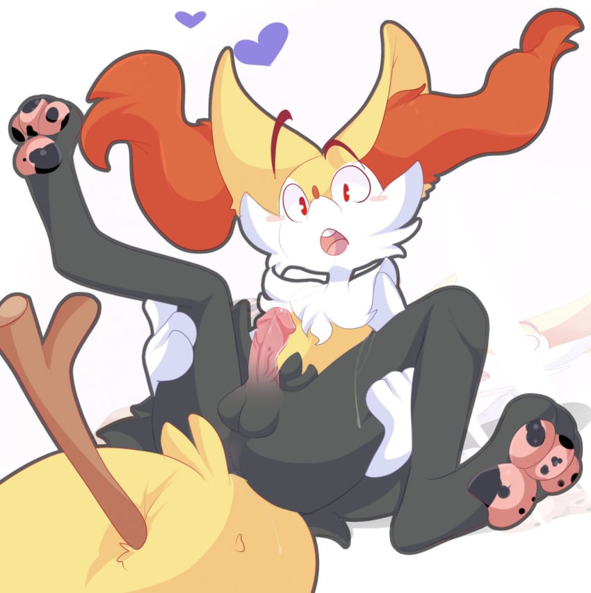 2019 anthro anus balls black_fur blush braixen femboy fur heart hi_res holding_legs inner_ear_fluff lolzneo looking_at_viewer lying male male_only nintendo nude on_back open_mouth penis pokémon_(species) pokemon pokemon_(species) red_eyes solo stick video_games white_fur yellow_fur