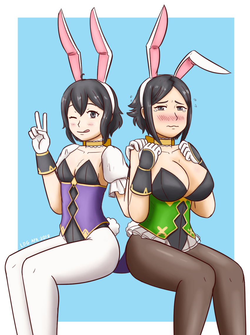 2girls animal_ears black_hair breasts bunny_ears bunny_girl bunnysuit easter easter_bunny fire_emblem fire_emblem_awakening fire_emblem_heroes high_resolution large_breasts leud morgan_(fire_emblem) morgan_(fire_emblem)_(female) noire_(fire_emblem) sisters small_breasts