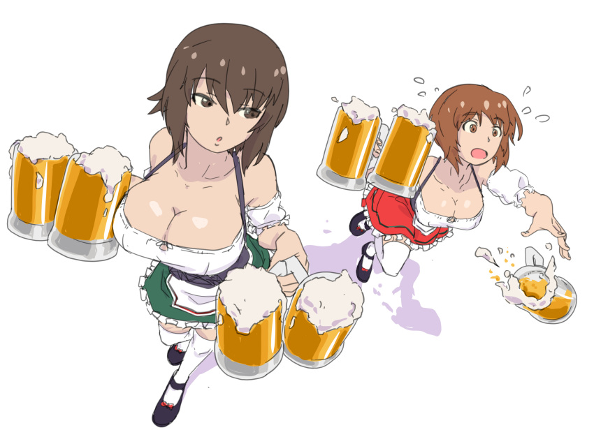 2girls beer_mug blush breasts brown_eyes brown_hair cleavage dirndl dropping girls_und_panzer huaro huaronanago large_breasts nishizumi_maho nishizumi_miho oktoberfest open_mouth short_hair simple_background thighhighs tripping white_background white_thighhighs