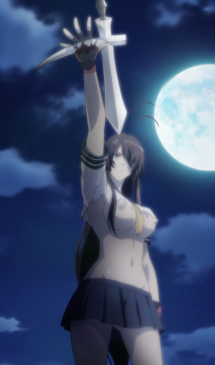 10s ahoge antenna_hair areolae blood bow breasts erect_nipples female fingerless_gloves gloves grey_eyes hair_over_one_eye highres ikkitousen kanu_unchou large_breasts long_hair midriff moon navel night night_sky nipples outdoors outstretched_arm polearm purple_hair red_gloves school_uniform screencap skirt sky spear stitched third-party_edit torn_clothes uniform very_long_hair weapon