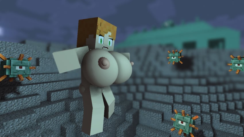 3d alex_(minecraft) big_breasts female green_eyes guardian guardian_(minecraft) minecraft monster nude orange_hair sea swimming tagme