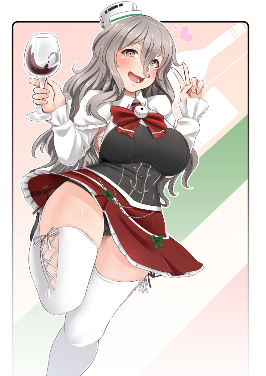 alcohol big_breasts black_panties cap corset female fully_clothed grey_hair grey_skin hair_between_eyes hat kantai_collection long_hair long_sleeves neck_ribbon panties pola_(kantai_collection) ryuun_(stiil) smil3 solo thick_tail thick_thighs thighhighs upskirt v wavy_hair white_legwear white_thighhighs wine wine_glass zettai_ryouiki