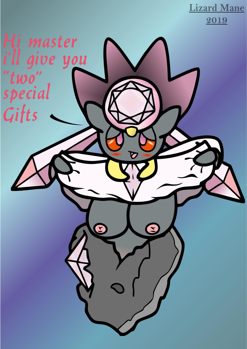 2019 absurd_res anthro breasts clothing crystal diamond_(gem) diancie english_text female gem half-closed_eyes hi_res legendary_pokémon lizardmane nintendo nipples pink_nipples pokémon_(species) pokemon simple_background smile solo text video_games