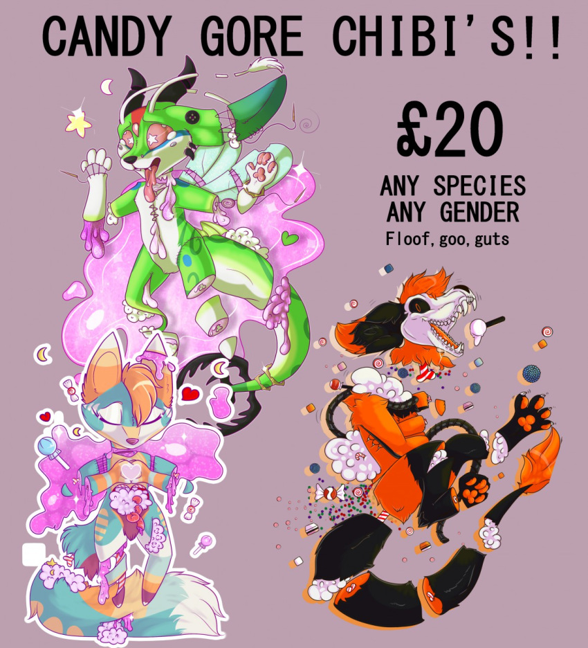 2019 advertisement anthro blood candy_gore chibi cure_(character) english_text female feral food fur gore grumpy_griffin_creations_(artist) guts hair hi_res intestines looking_at_viewer male open_mouth simple_background smile solo teeth text tongue