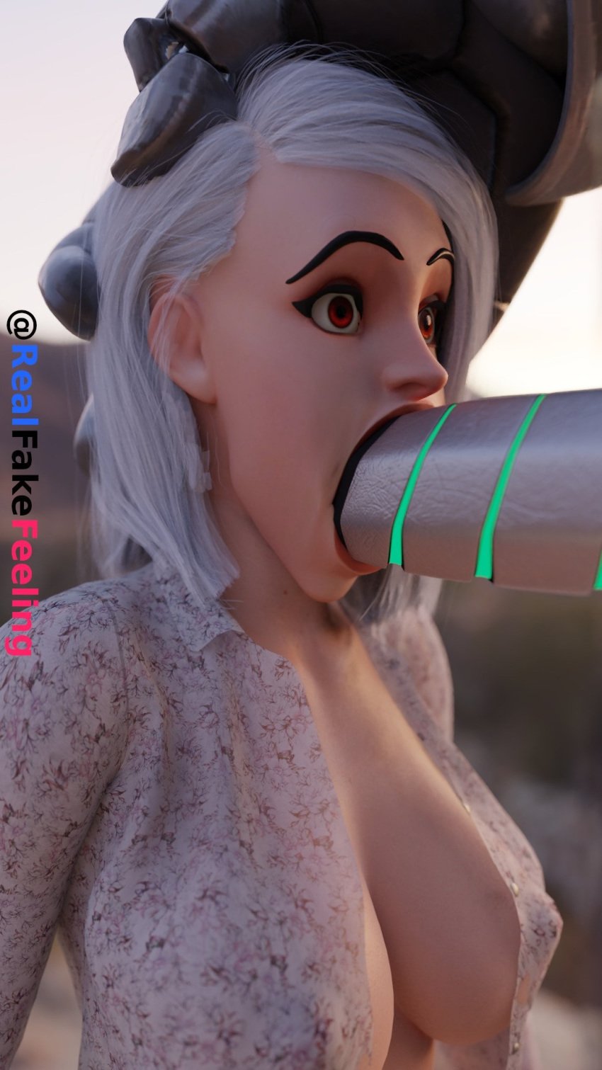 3d ashe_(overwatch) blender bob_(overwatch) breasts dubious_consent duo ear fellatio female female_focus forced_fellatio forced_oral hair hand_on_another's_head head_grab irrumatio male metal_penis mouthful open_shirt oral overwatch penis realfakefeeling red_eyes sideboob straight streaked_hair surprised white_hair white_skin wide_eyed worried