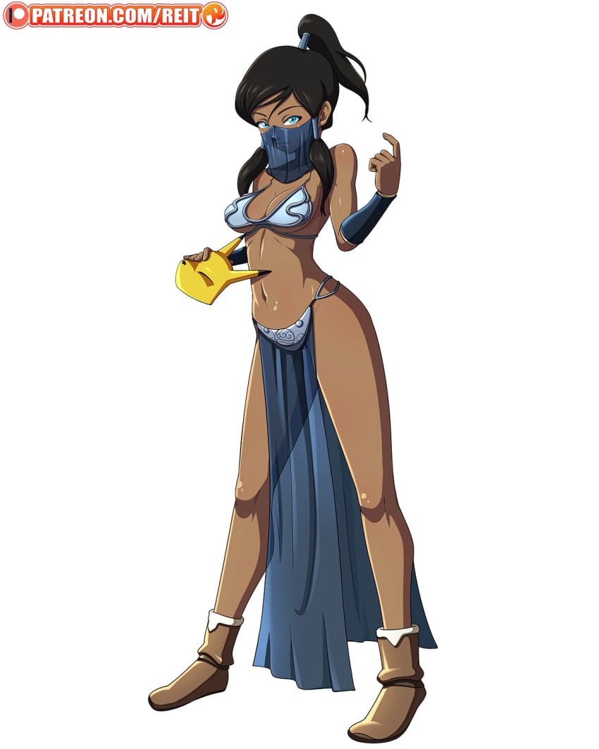 1girls armband artist_name avatar_legends blue_eyes boots breasts brown_hair brown_skin clothing come_hither cosplay dark-skinned_female dark_skin female female_only keaton_mask korra long_hair looking_at_viewer medium_breasts metal_bikini mouth_veil navel patreon pelvic_curtain ponytail reit slave_bikini slave_leia_(cosplay) solo star_wars the_avatar the_legend_of_korra tied_hair veil water_tribe