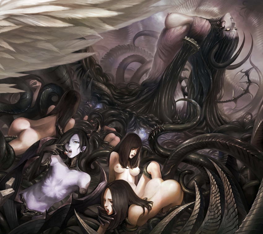 blue_skin blush breasts highres jun_(seojh1029) long_hair monster original pointy_ears pussy rape restrained spread_legs tears tentacle tentacle tentacle_hair tentacle_sex vaginal_penetration