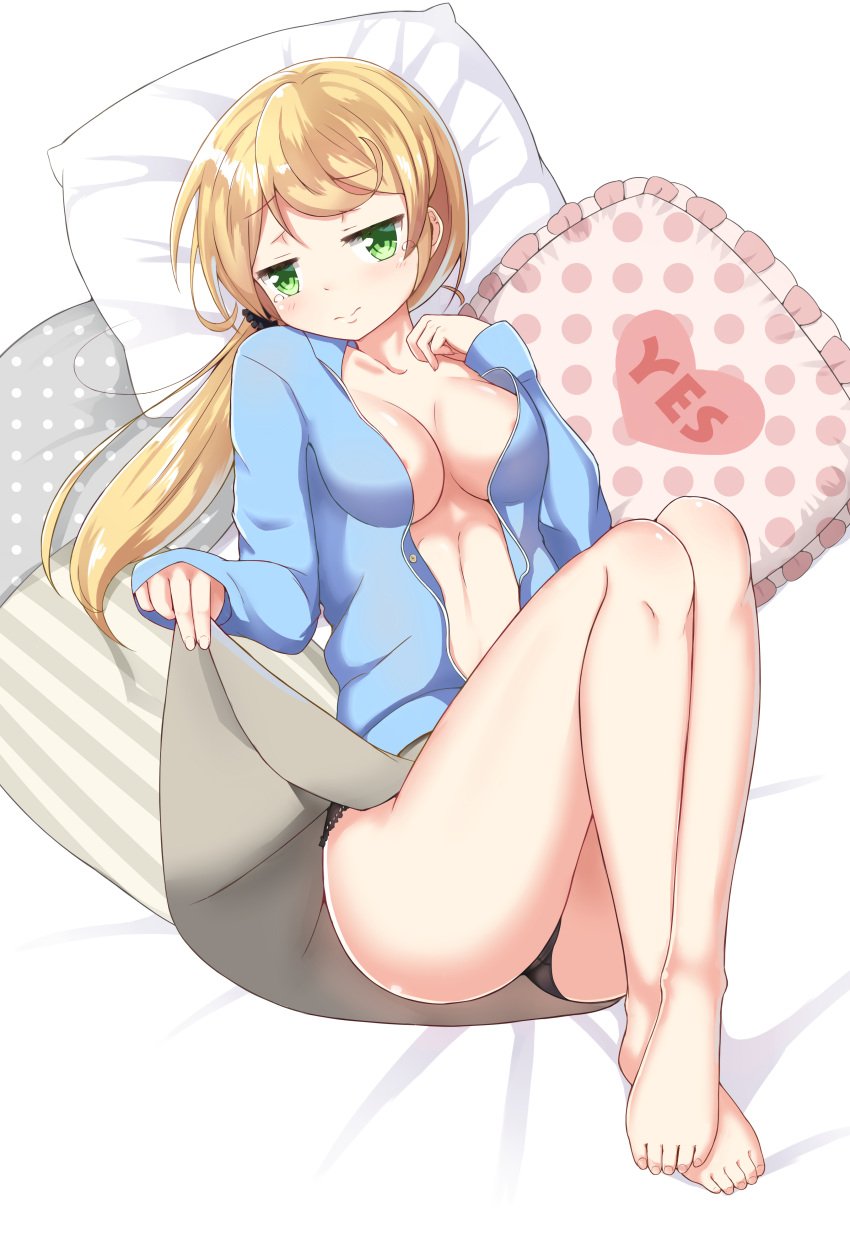 areolae ass blonde_hair ellen_baker ex_reon female green_eyes looking_at_viewer new_horizon panties pillow ponytail skirt solo